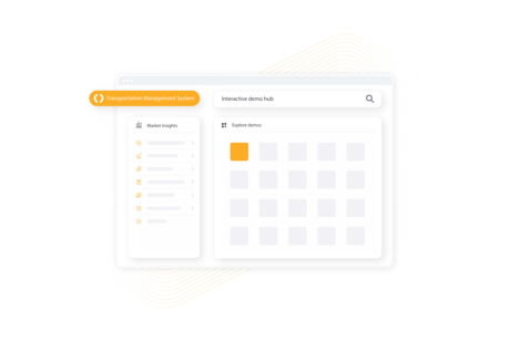 A screenshot of a software interface for a "Transportation Management System." It shows an "Interactive demo hub" with a search bar, a "Market Insights" side menu with icons, and a main grid labeled "Explore demos."