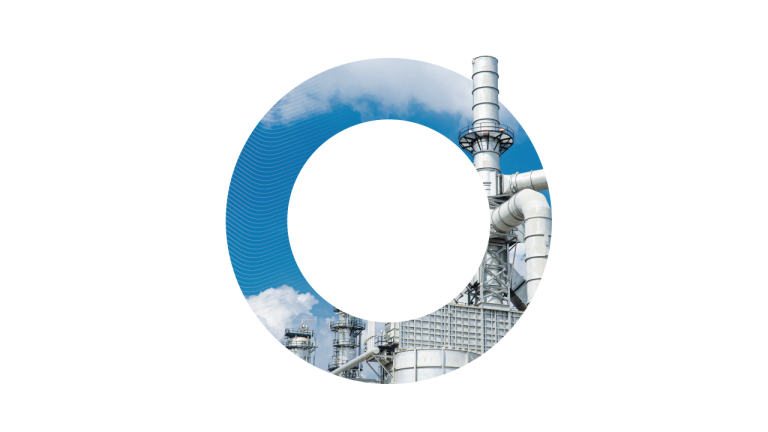 A low-angle view of an industrial chemical plant with silver pipes and a smokestack against a blue sky, framed by a circular graphic, representing chemical manufacturing infrastructure.