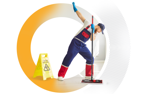 A man with a mop with a Trimble Transporeon circle in the background