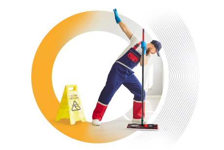 A man with a mop with a Trimble Transporeon circle in the background