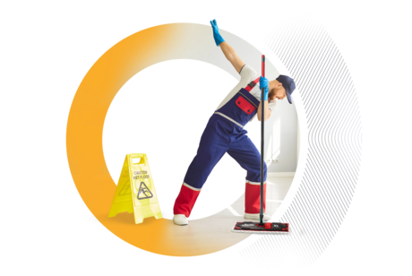 A aman with a mop in a Transporeon Trimble circle