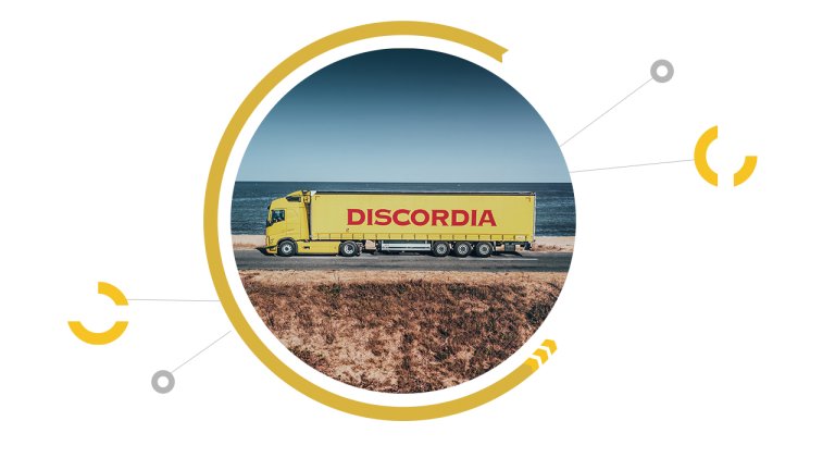 Yellow truck with Discordia logo Yellow truck with Discordia logo