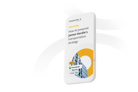 Smartphone style Transporeon case study card with James Hardie logo and How AI powered James Hardie's transportation strategy headline
