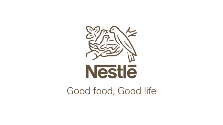 The official Nestlé logo featuring a line drawing of a bird feeding its young in a nest, accompanied by the text "Nestlé" and the brand slogan "Good food, Good life."