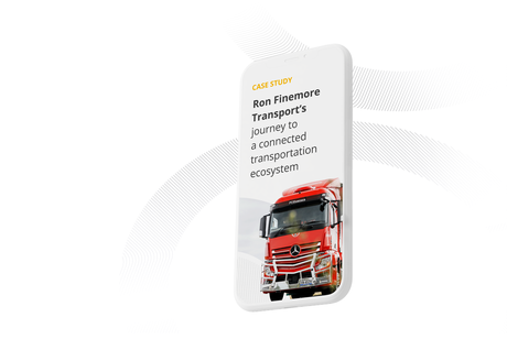 A smartphone displaying a logistics application interface, floating next to a large red semi-trailer truck on a white background with subtle grey graphic lines.