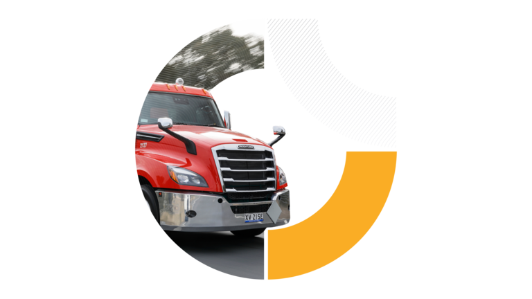 A circular graphic cropped into a semicircle, showing a red semi-trailer truck parked on an asphalt road under a bright sky.