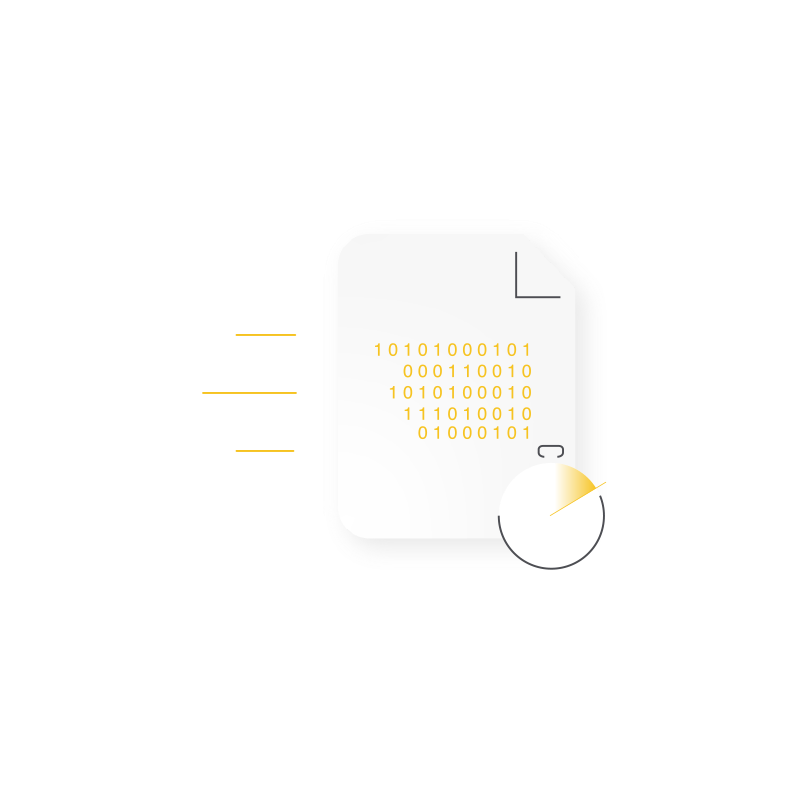 Une icône stylisée d'un document contenant des lignes de code binaire jaune, avec un minuteur circulaire ou un symbole de traitement dans le coin inférieur droit.