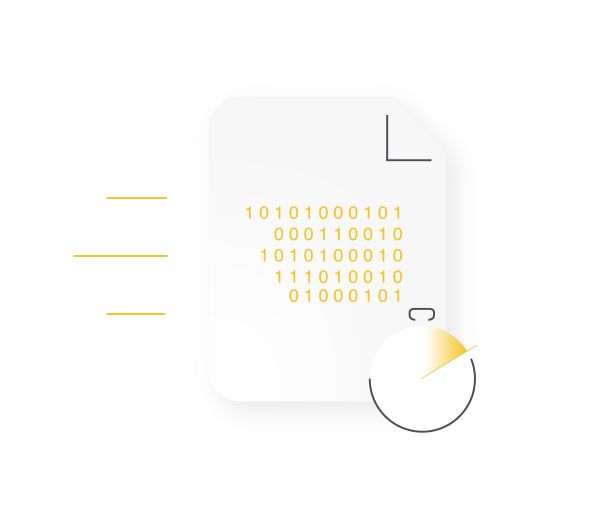 A stylized icon of a document containing lines of yellow binary code, with a circular timer or processing symbol in the bottom right corner.