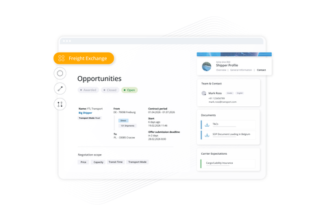 UI mockup of a Freight Exchange "Opportunities" page showing FTL transport details, shipper profile, and contact information.