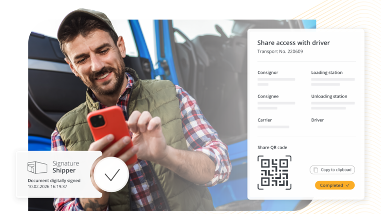 Un conductor sonriendo a su smartphone junto a una interfaz digital para compartir el acceso a través de un código QR y una notificación de un documento firmado digitalmente.