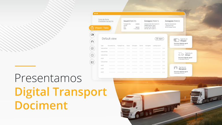 Un banner promocional que muestra dos camiones blancos en una carretera al atardecer junto a una interfaz de panel digital para la gestión del "Digital Transport Document".