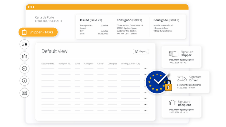 Una interfaz de panel de control web despejada que muestra una lista de documentos de transporte con actualizaciones de estado y firmas digitales verificadas para cargadores, conductores y destinatarios.