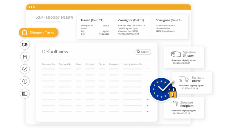 Dashboard view of an eCMR platform showing shipment fields, a data table, and digital signature status cards for the shipper, driver, and recipient.