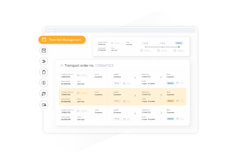 A software interface for "Time Slot Management" showing a list of transport orders with details for carrier, supplier, goods, and delivery status.