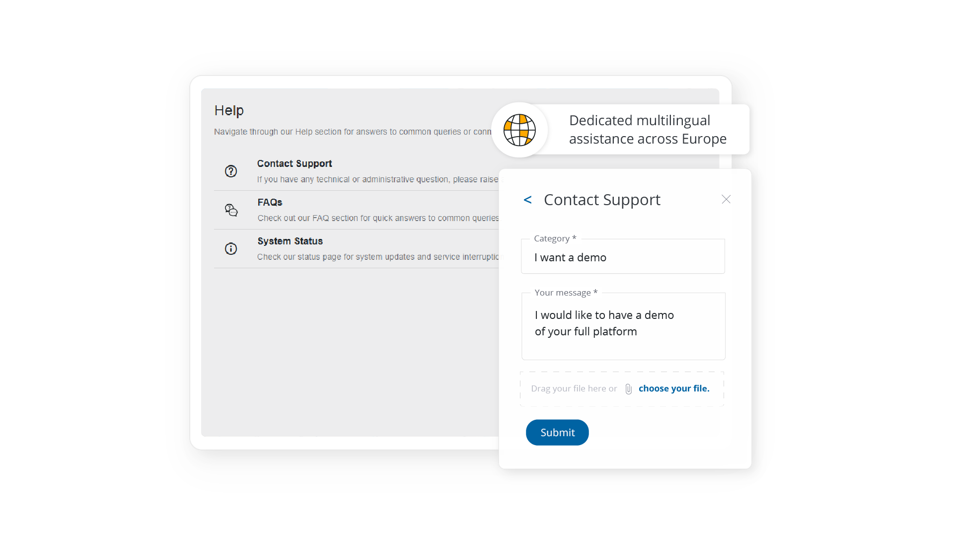 A help center and support contact form highlighting dedicated multilingual assistance across Europe for logistics users.