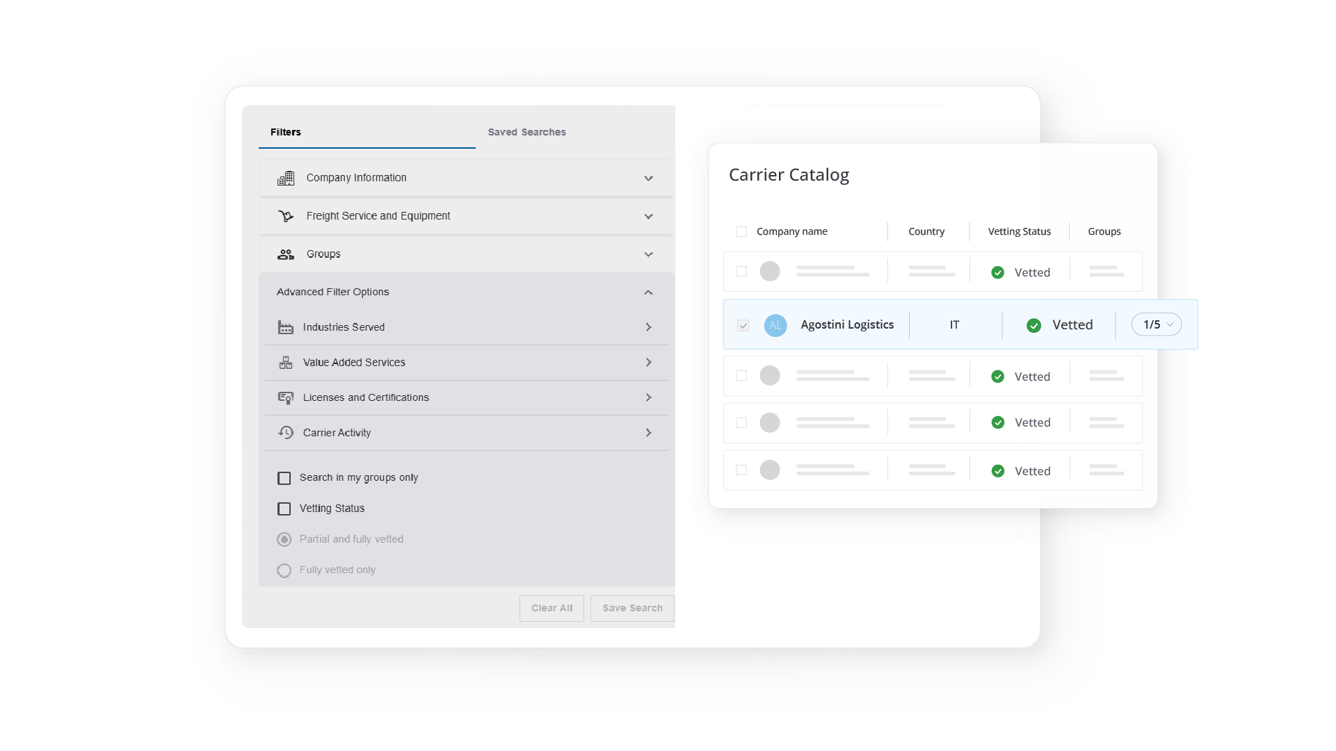 A digital carrier catalog interface with advanced filtering options and a list of verified logistics companies marked as "Vetted."