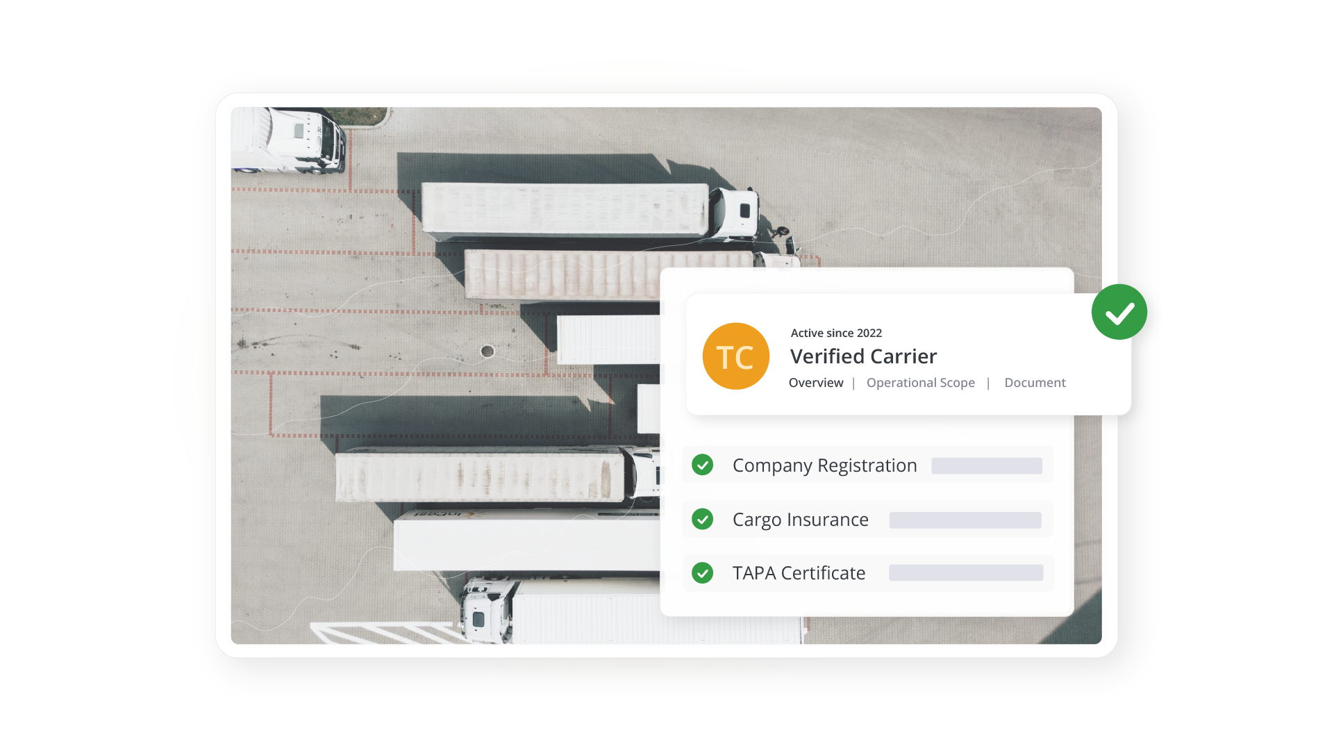Vue aérienne de camions de marchandises à un terminal, sur laquelle est superposée une liste de contrôle « Transporteur Vérifié » incluant l'assurance et les certificats de marchandises.