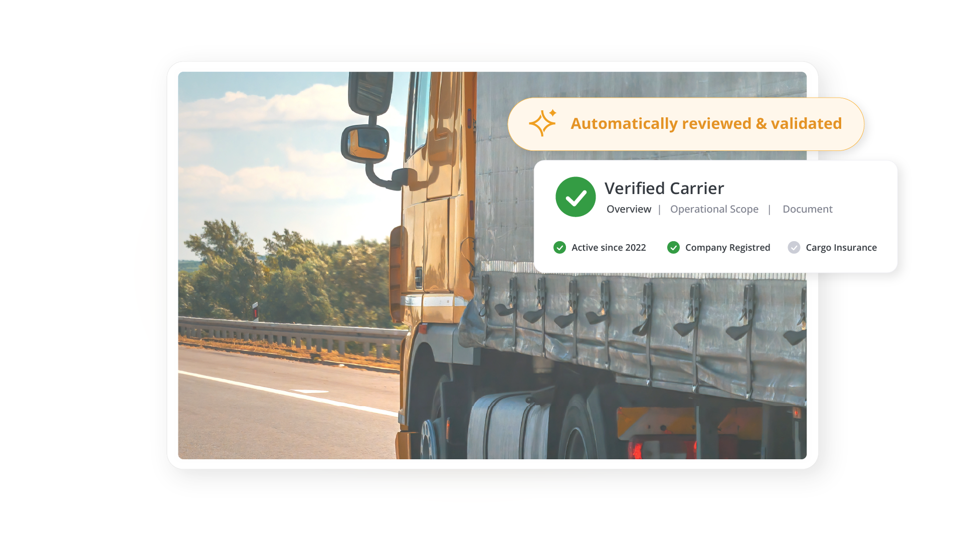 Profil latéral d'un camion de marchandises en mouvement sur une autoroute, avec un badge de statut « Transporteur Vérifié » et des marqueurs de validation.