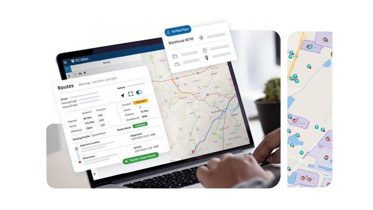 A person using a laptop to plan commercial routes on the PC*Miler interface, overlaid with digital map visualizations and "Verified Place" location data, representing Trimble's back-office mapping solutions.