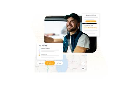 Smiling delivery driver uses a fleet management app showing a faster route