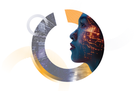 circular graphic containing a profile of a human face looking forward. Inside the circle, there are multiple technical layers and segments in orange and blue, representing digital connectivity and artificial intelligence. This is positioned to the right of the headline "Beyond automation: when AI becomes your supply chain colleague."