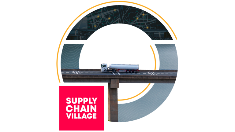 Visuel promotionnel de Supply Chain Village présentant un logo rose, une carte logistique numérique et un camion-citerne sur un pont dans un design circulaire.