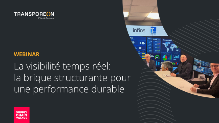 Vignette de webinar intitulée « La visibilité temps réel : la brique structurante pour une performance durable », mettant en scène quatre experts dans un studio de tournage logistique.