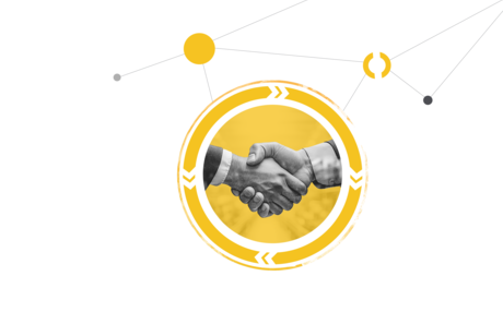Black and white image of two hands shaking, symbolizing a handshake.