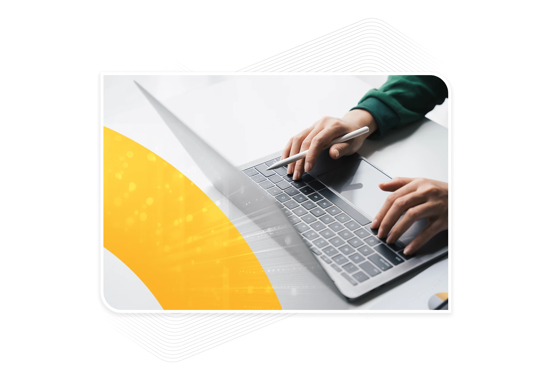 Close-up of hands using a laptop keyboard and stylus, overlaid with a translucent yellow curve representing AI-powered digital procurement.