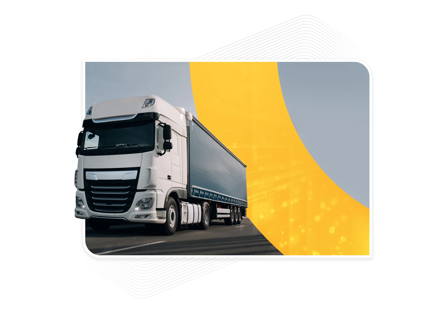 A white logistics truck with a blue trailer driving on a highway, framed by a stylized yellow curve and modern white line patterns.