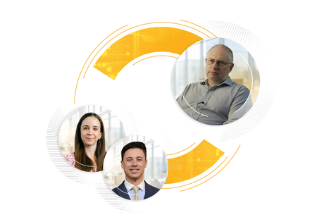 Professional portraits of speakers representative in circular frames, connected by orange swoosh graphics and technical line art.