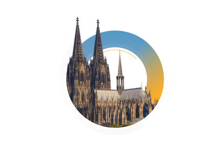 Kölner Dom Spitzen eingerahmt in einem blau-orangenen kreisförmigen Grafikelement auf weißem Hintergrund.