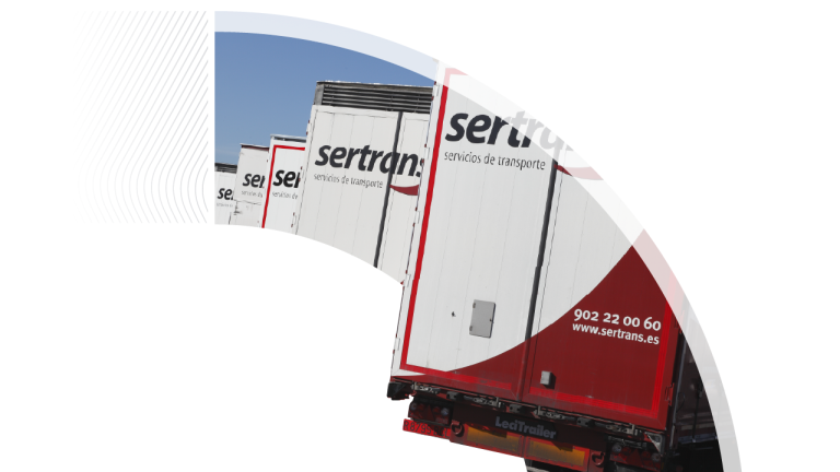A close-up view of a row of parked Sertrans trailers showing the rear doors and company branding, cropped in a stylized curved arc shape.