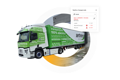A white and green Sertrans electric truck labeled "100% eléctrico" docked at a warehouse loading bay. An overlaid logistics software interface displays a shipment summary for soft drinks, highlighting a "Partially rejected" status due to damaged goods, illustrating digital claims and quality management.