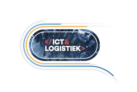 Logo for "ICT & Logistiek" with a background image of people at an event. The logo is surrounded by curved lines in Trimble and Transporeon colors.