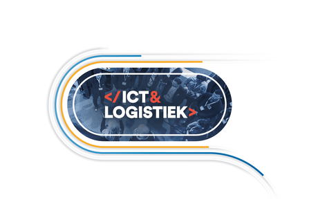 Logo for "ICT & Logistiek" with a background image of people at an event. The logo is surrounded by curved lines in Trimble and Transporeon colors.