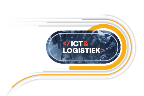 Logo for "ICT & Logistiek" with a background image of people at an event. The logo is surrounded by curved lines in Trimble and Transporeon colors.