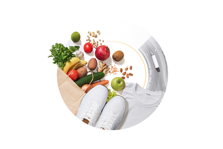 A collage within a circular frame featuring fresh groceries in a paper bag, white sneakers, and a white t-shirt, alongside a grayscale aerial view of a semi-truck on a highway.