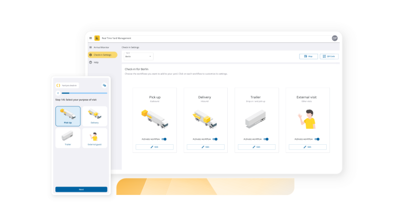A screenshot of the "Real Time Yard Management" software showing the check-in settings for defining workflows (Pick up, Delivery, Trailer, External visit) alongside a mobile view of the yard pre-check-in process.