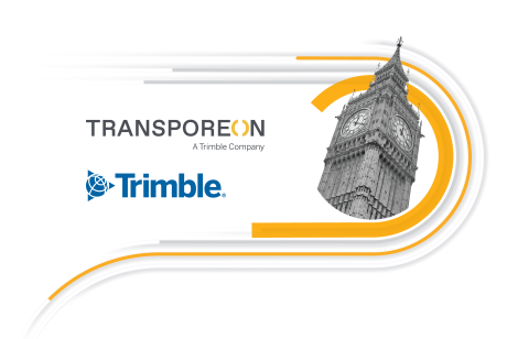 Big Ben and Transporeon Logo and Trimble logo surrounded by Trimble gold lines