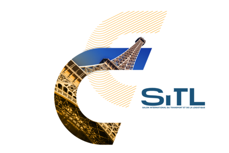 Une composition graphique intégrant la Tour Eiffel dans un design stylisé en forme de « C », accompagnée du logo SITL, annonçant le Salon International du Transport et de la Logistique à Paris.