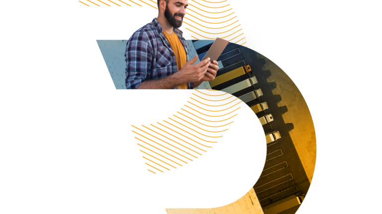 Ein Mann im Karohemd nutzt ein Tablet, überlagert von einer abstrakten Form mit einer Luftansicht geparkter LKWs und goldfarbenen Texturen.