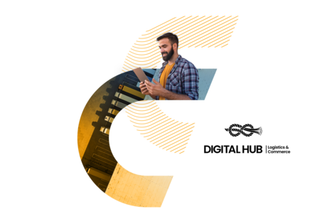 Logistik-Collage mit einem Mann mit Tablet und LKWs, gerahmt von einer Grafik neben dem Logo von Digital Hub Logistics & Commerce.