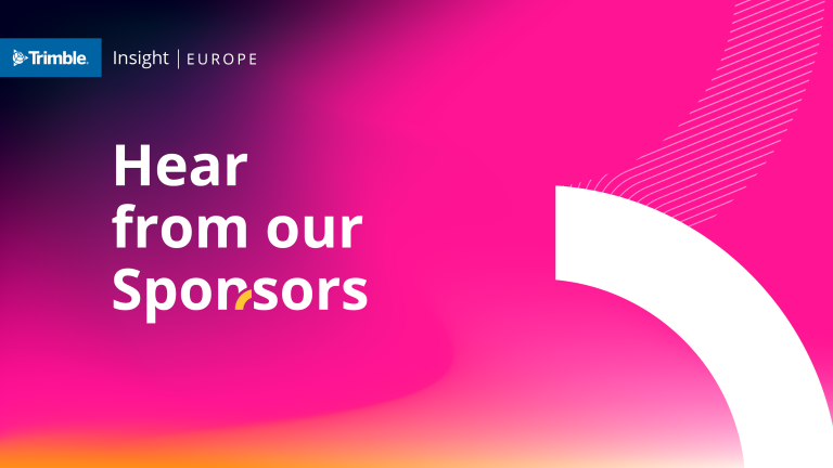 A presentation slide with a vibrant pink and orange gradient background, titled "Hear from our Sponsors." The top left corner features the logos for "Trimble" and "Insight | EUROPE."
