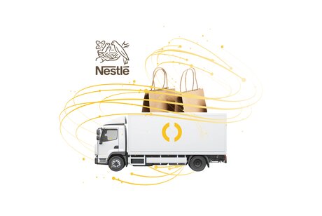 Nestlé logo above a delivery truck with Transporeon logo carrying shopping bags, with swirling yellow lines in the background, showcasing its seamless logistics in the FMCG sector.