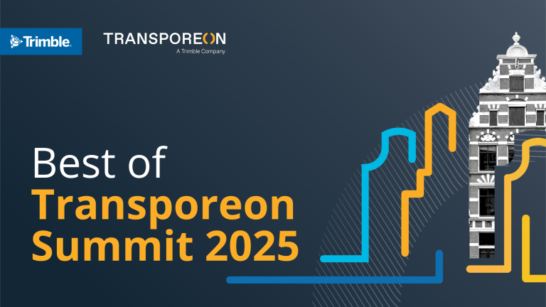 Best of Transporeon Summit 2025 presentation slide displaying Trimble and Transporeon logos alongside stylized blue and yellow line art of traditional Dutch architecture.