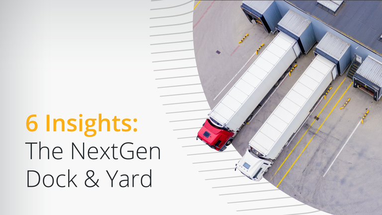 Aerial view of semi-trucks docked at a warehouse loading bay for an insights session titled "The NextGen Dock & Yard."