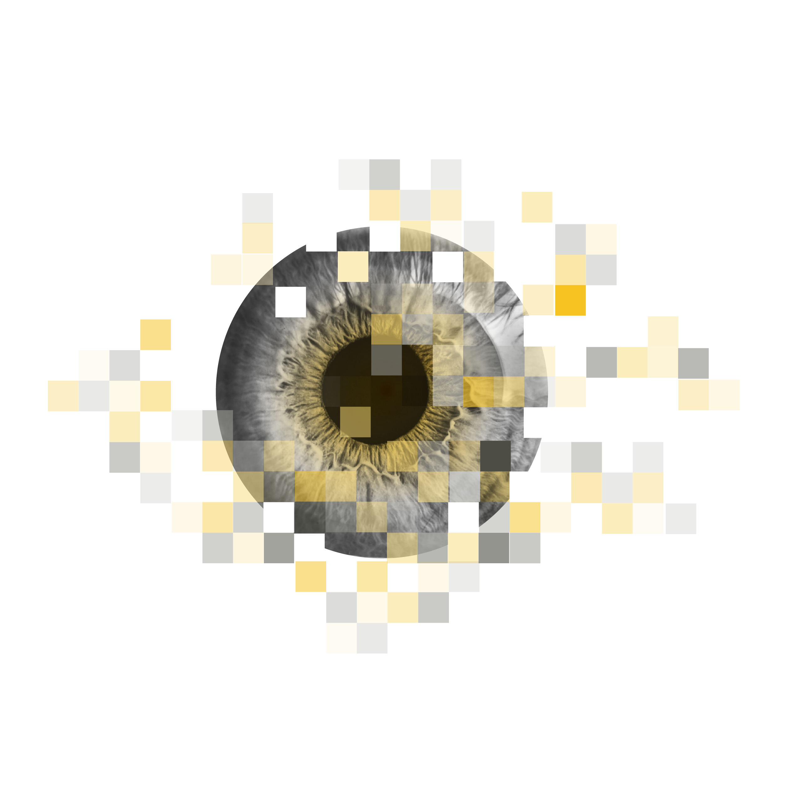 A close-up of a human eye, mostly grayscale with a yellow-tinted iris, that is pixelated and dissolving into a grid of gray and yellow squares.