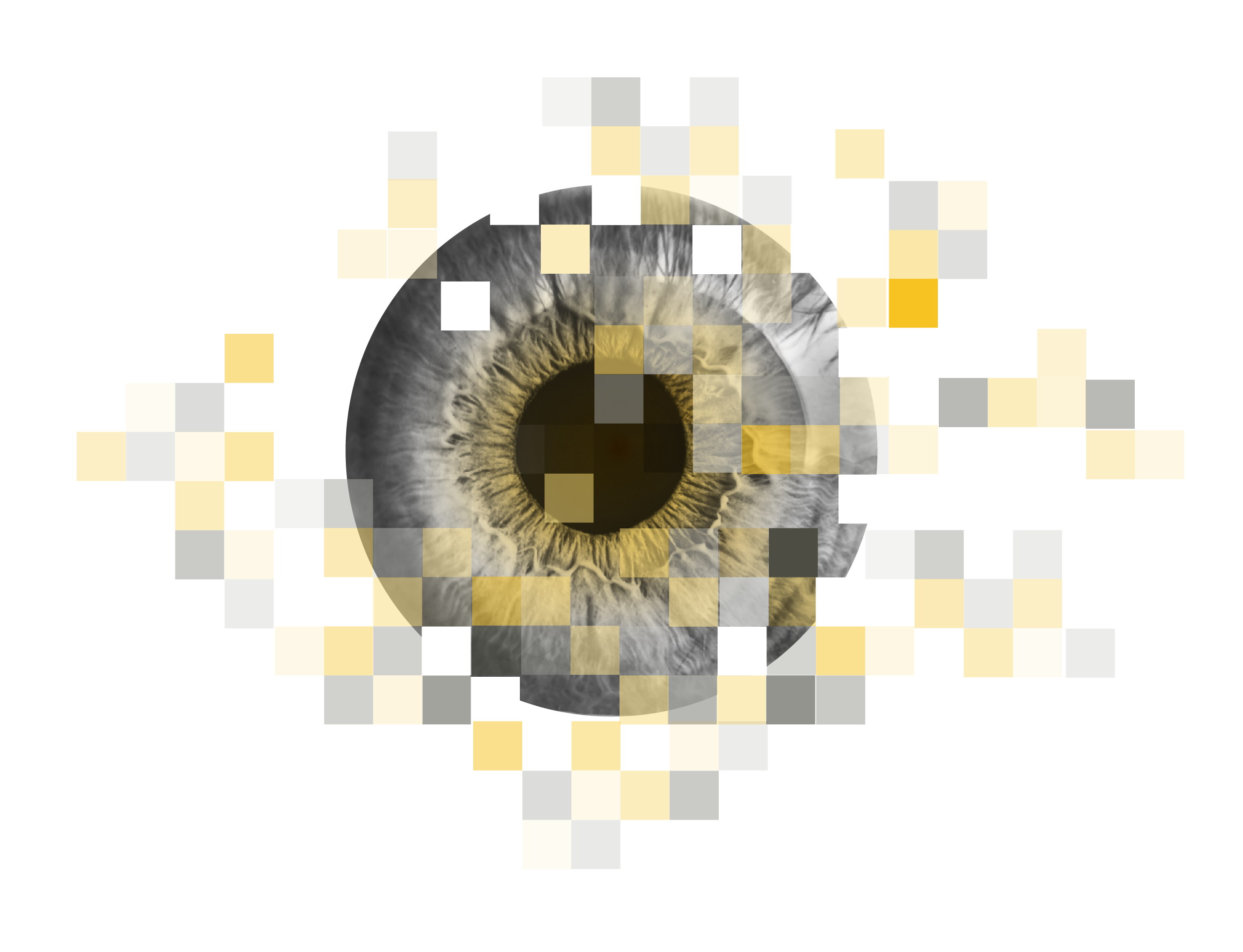 A close-up of a human eye, mostly grayscale with a yellow-tinted iris, that is pixelated and dissolving into a grid of gray and yellow squares.