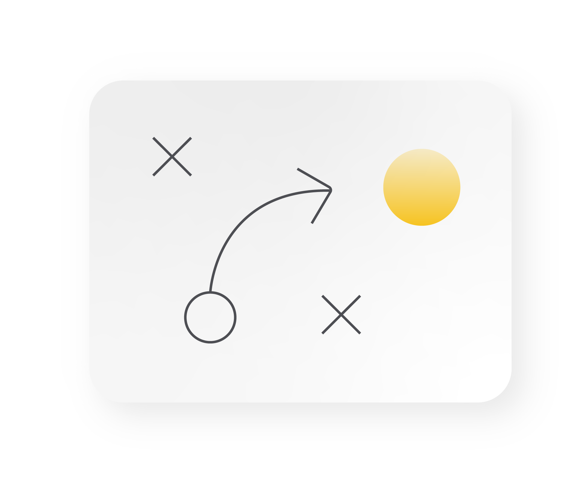 Ein stilisiertes Symbol für Strategie oder Routing, das einen geschwungenen Pfad von einem Startkreis um „X“-Hindernisse herum zu einem gelben Zielkreis zeigt.
